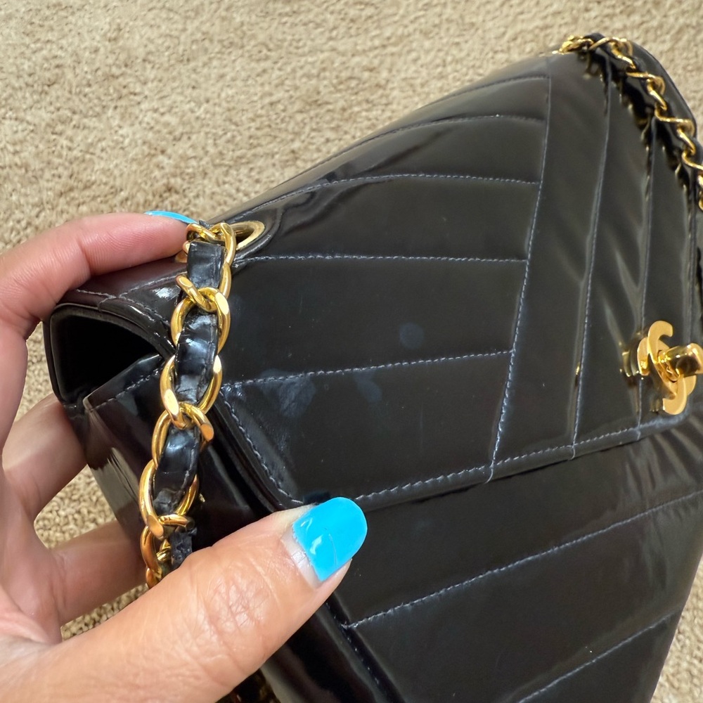 CHANEL Diagonal Quilted Black Patent Leather Shoulder Bag - Picture 12 of 16